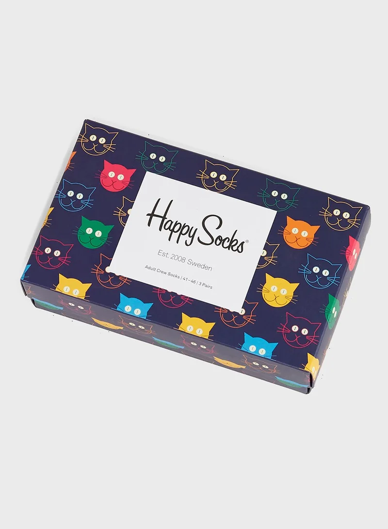 Happy Socks 3 Pack Mixed Cat Crew Socks