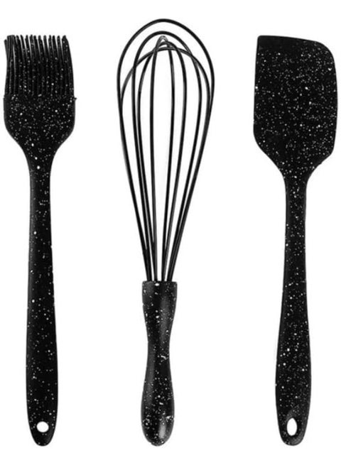 3-Piece Premium Silicone Kitchen Utensil Set – Heat-Resistant Black Cooking & Baking Tools Including Whisk, Basting Brush and Flexible Spatula for Professional Kitchen Use