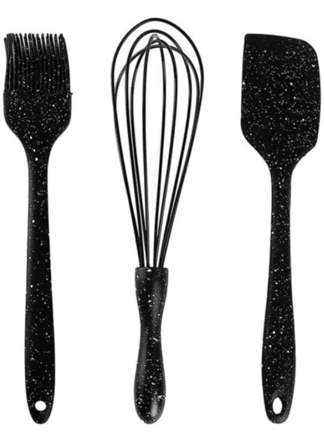 3-Piece Premium Silicone Kitchen Utensil Set – Heat-Resistant Black Cooking & Baking Tools Including Whisk, Basting Brush and Flexible Spatula for Professional Kitchen Use - Image 1
