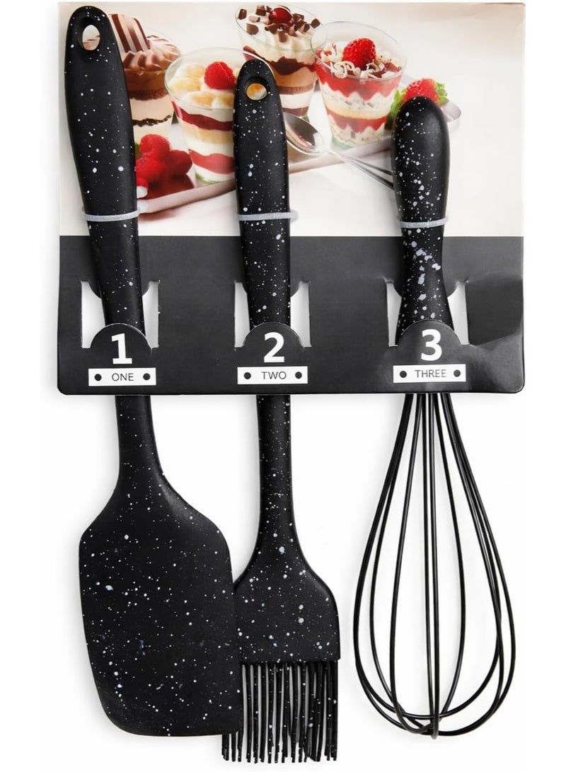 3-Piece Premium Silicone Kitchen Utensil Set – Heat-Resistant Black Cooking & Baking Tools Including Whisk, Basting Brush and Flexible Spatula for Professional Kitchen Use - Image 2