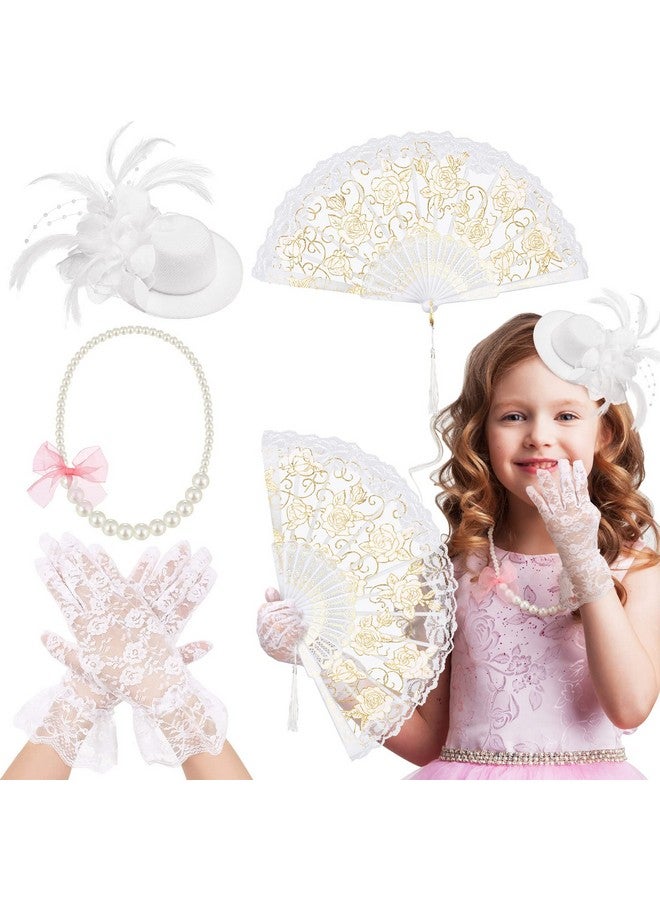 Sintege 4 Pcs Girls Tea Party Supplies Set Tea Party Gloves Hats Girls Tea Party Necklace Fan For Girls Tea Party Favor(White) - Image 1