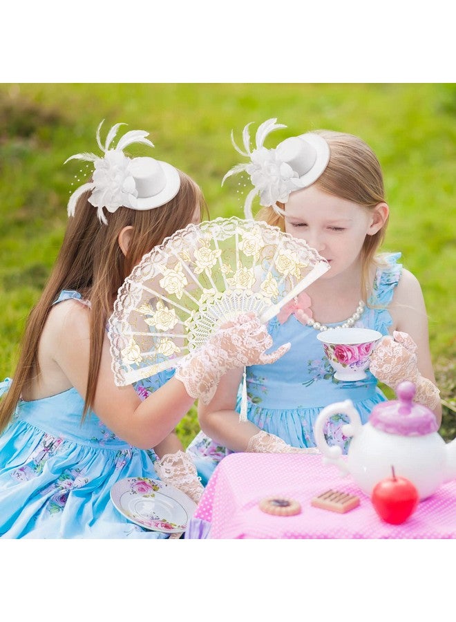 Sintege 4 Pcs Girls Tea Party Supplies Set Tea Party Gloves Hats Girls Tea Party Necklace Fan For Girls Tea Party Favor(White) - Image 5