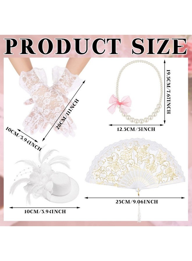 Sintege 4 Pcs Girls Tea Party Supplies Set Tea Party Gloves Hats Girls Tea Party Necklace Fan For Girls Tea Party Favor(White) - Image 3