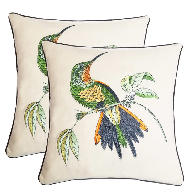 Pilmandu Set of 2 Embroidered Decorative Throw Pillow Covers Couch Square Pillowcases Cushion for Bedroom Sofa Farmhouse Decor 18x18 Inch Hummingbird
