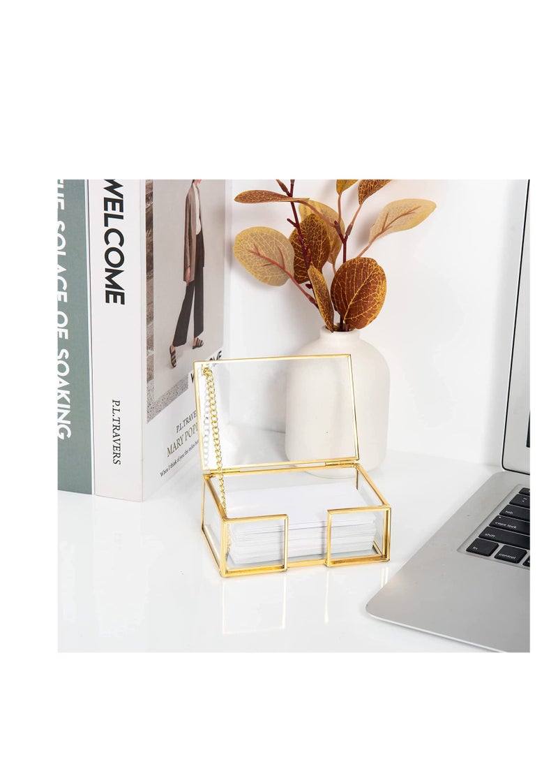 SOLARAE Glass Business Card Holder, Gold Glass Business Card Box with Lid Name Card Display Holder Business Card Storage Box Clear Storage Containers Organizer for Office Desk Tabletop Countertop - Image 2