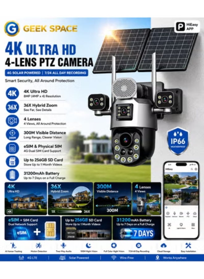 GEEK SPACE 4G LTE Solar Powered 4K PTZ Security Camera Outdoor Wireless 4-Lens CCTV Surveillance Camera with Dual Solar Panels, 36X Hybrid Zoom, AI Human Motion Detection, 360° Pan Tilt Rotation, Full Color Night Vision, Two-Way Audio, IP66 Waterproof, Remote Mobile App Viewing, 256GB SD Card Support, Solar Battery Camera for Home, Farm & Business Security - Image 4