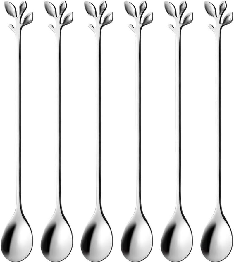AnSaw 6-Piece Elegant Silver Leaf Long Handle Teaspoons - 7.4" Stainless Steel Stir Spoons for Coffee & Tea, Perfect for Mixing & Stirring - Image 1