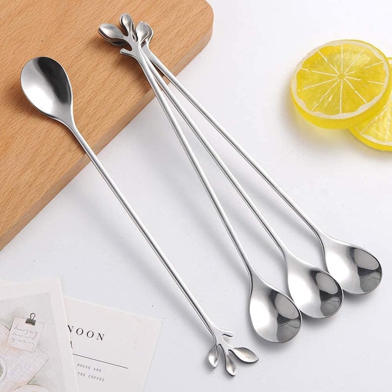 AnSaw 6-Piece Elegant Silver Leaf Long Handle Teaspoons - 7.4" Stainless Steel Stir Spoons for Coffee & Tea, Perfect for Mixing & Stirring - Image 3