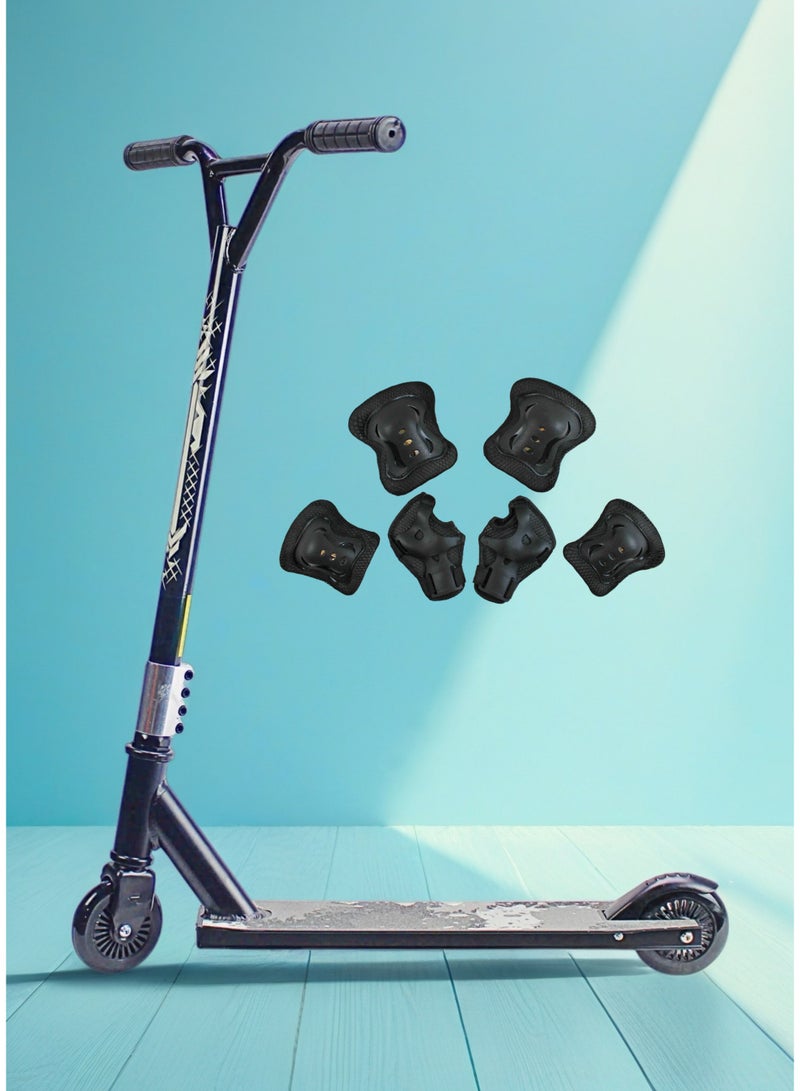 إيزي فيتشور سكوتر حركات بهلوانية بعجلتين من إيزي فيوتشر - سكوتر احترافي للحركات البهلوانية، مزود بشريط تثبيت من الألومنيوم، وعجلات ألومنيوم ١١٠ مم، ومقود عريض على شكل حرف T، وفرامل فولاذية، وخفيف الوزن، ودوار بزاوية ٣٦٠ درجة. مناسب للمبتدئين والمتوسطين، مع طقم معدات واقية. - Image 1