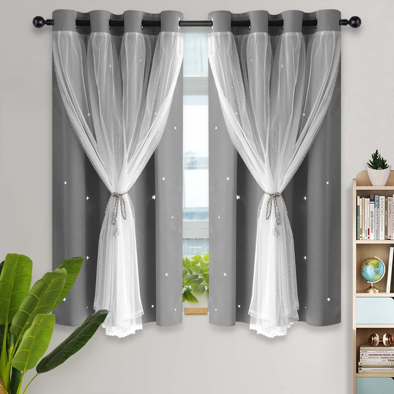 Kinryb Blackout Curtains for Girl BedroomLiving RoomClassroom Sheer Overlay Small 2 Panel Set Double Layer Curtains with Star Cutout for Kids RoomW 52 x L 45 InchesGrey 2 PCs