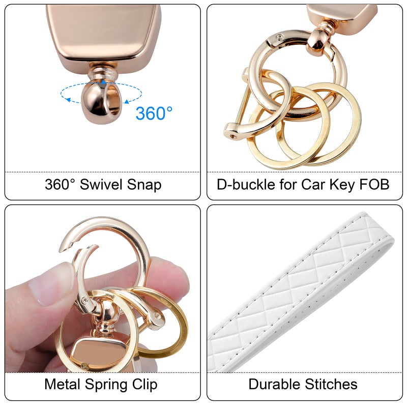 Weixiltc Leather Wristlet Keychain, Car Key Chain Holder with 2 Key Ring and Anti-Lost D Ring, Key Fob Wristband for Women (White) - Image 3