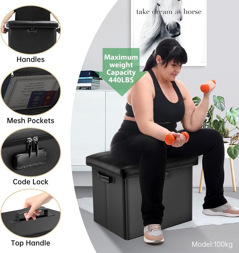 DocSafe Storage Ottoman with Lock,Fireproof Folding Ottoman Foot Rest Stool Storage Chest with Storage Safe for Important Documents,Waterproof 17 Inches Short Ottoman Foot Stool with Handles,Black - Image 5