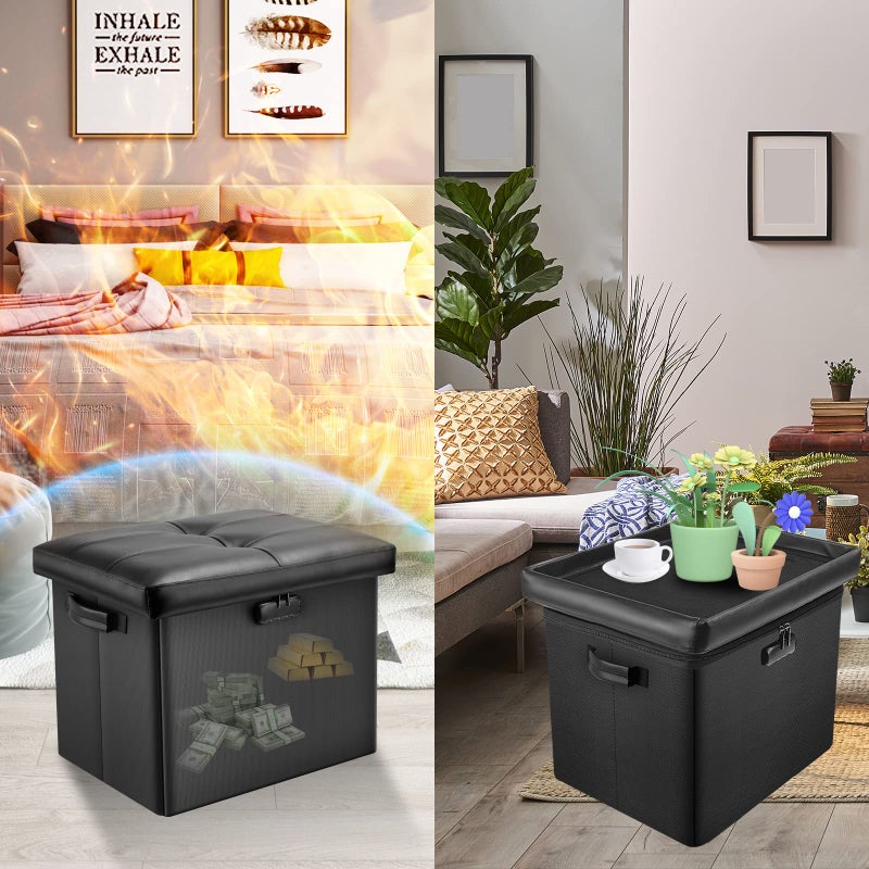 DocSafe Storage Ottoman with Lock,Fireproof Folding Ottoman Foot Rest Stool Storage Chest with Storage Safe for Important Documents,Waterproof 17 Inches Short Ottoman Foot Stool with Handles,Black - Image 3