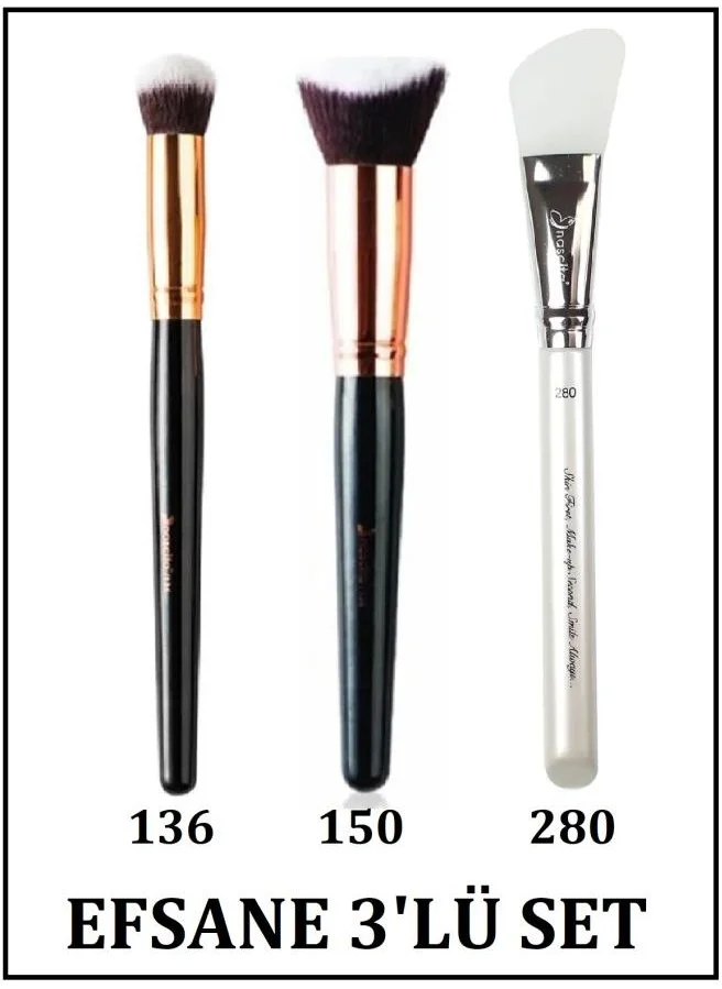 ناسكيتا Oval Shaped Concealer Brush 136 + 3d Kabuki Foundation Brush 0150 + Mask Brush 0280 Legend Set of 3