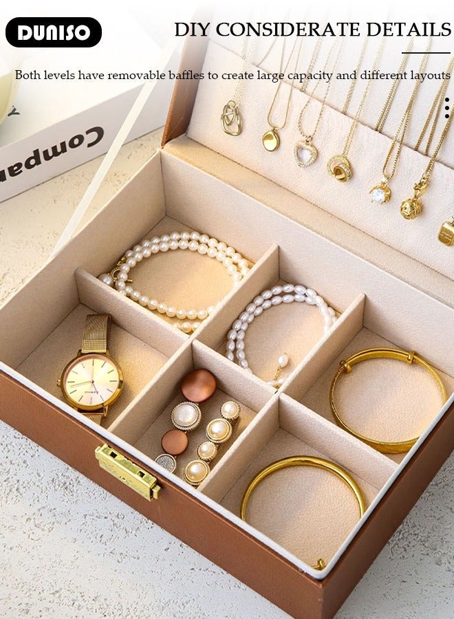 DUNISO Jewelry Box for Women, Large Capacity Double Layer Display Jewellery Organizer with Removable Tray & Partition, PU Leather Jewellery Storage Case, Travel Jewel Holder Cabinet for Earing, Necklace, Bracelet, Rings - Image 3