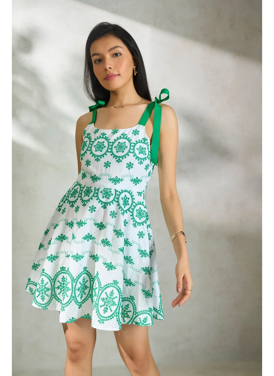 فيرجيو Virgio Women Embroidered Straight Neck Sleeveless Cotton Mini Length Dress