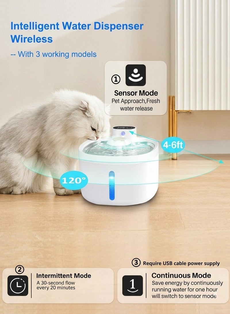 Pet Water Fountain, Wireless Motion Sensor Pet watering machine for Cats and Dogs - 2.6L Automatic Cat Water Dispenser, Battery Operated Rechargeable 4000mAh, Stainless Steel Tray, With 3 Filters - Image 2