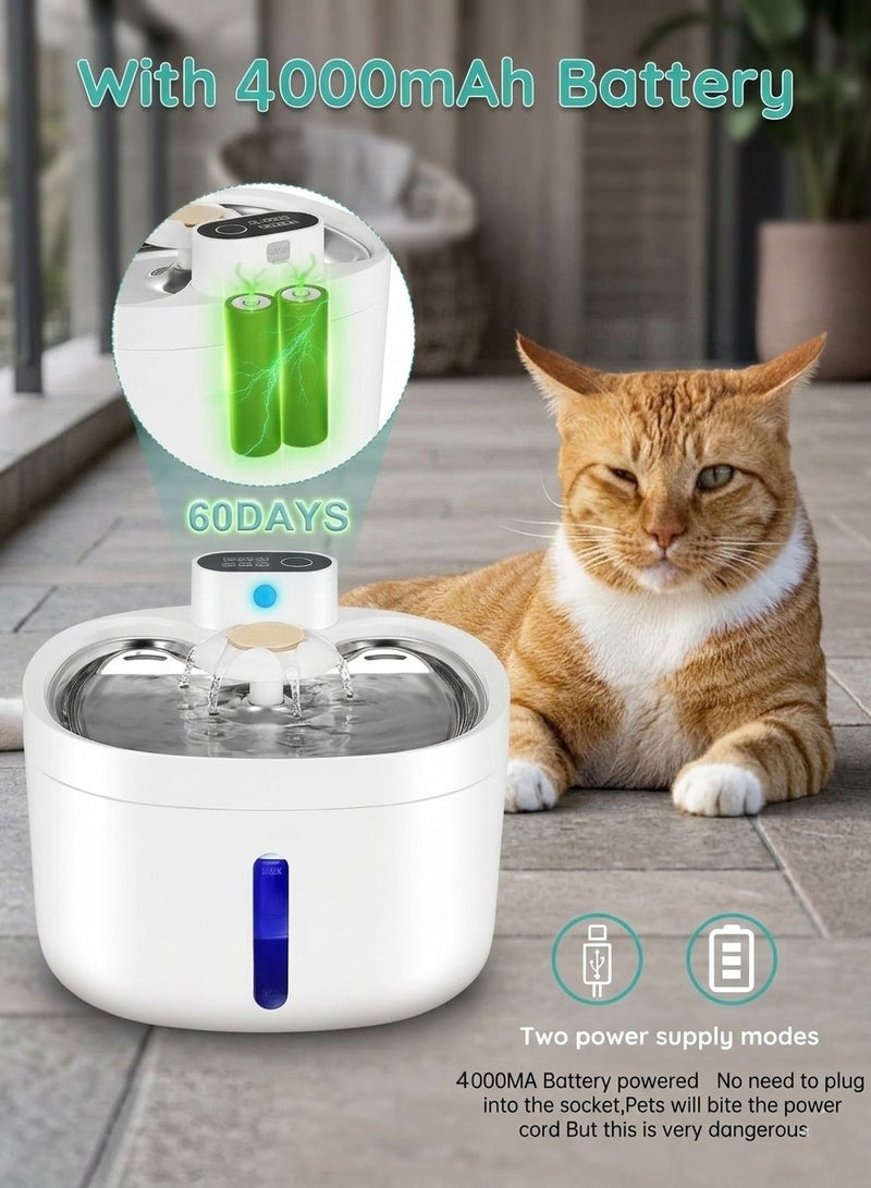 Pet Water Fountain, Wireless Motion Sensor Pet watering machine for Cats and Dogs - 2.6L Automatic Cat Water Dispenser, Battery Operated Rechargeable 4000mAh, Stainless Steel Tray, With 3 Filters - Image 3