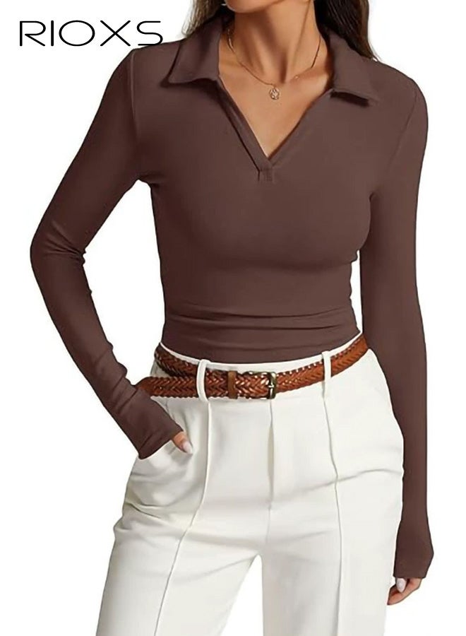 RIOXS Womens V Neck Polo Long Sleeve T Shirts, Casual Spring Fall Slim Fit Lapel Collared Shirts, Fashion Solid Going Out Blouse Tight Tees for Home Work Yoga Daily Wear, Brown - Image 1