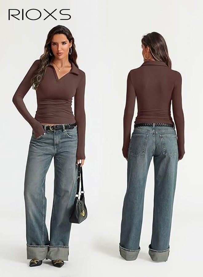 RIOXS Womens V Neck Polo Long Sleeve T Shirts, Casual Spring Fall Slim Fit Lapel Collared Shirts, Fashion Solid Going Out Blouse Tight Tees for Home Work Yoga Daily Wear, Brown - Image 3