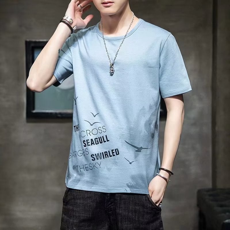 Mens Summer Casual T-Shirt  Shorts Set Bird Blue Single Top 