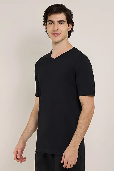 أر أند بي Solid T-Shirt with V-Neck and Short Sleeves