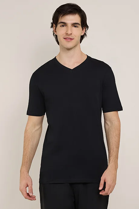 أر أند بي Solid T-Shirt with V-Neck and Short Sleeves