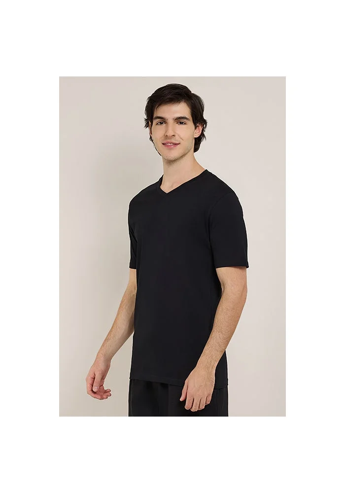 أر أند بي Solid T-Shirt with V-Neck and Short Sleeves