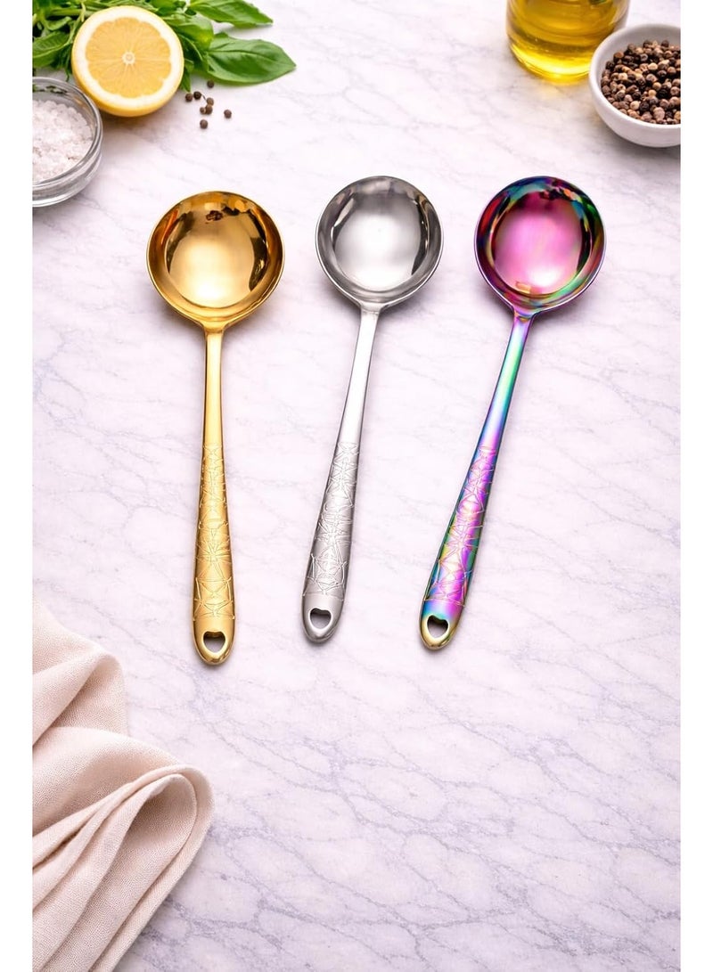 أداة مطبخ من الفولاذ المقاوم للصدأ، مقاومة للحرارة والصدأ، بمقبض مريح، آمنة للغسل في غسالة الأطباق، بلمسة نهائية فضية وذهبية وقوس قزح، للطبخ اليومي (مغرفة ذهبية) - Image 5