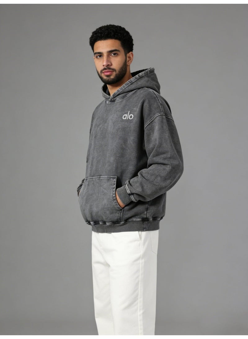 Alo Large Washed Grey Hoodie - Men's and Women's Soft Cotton Hoodie with Minimalist Logo and Kangaroo Pocket, Fashionable Vitality Top, Personalized Versatile Hoodie, Thickened Warmth Collection - Image 2