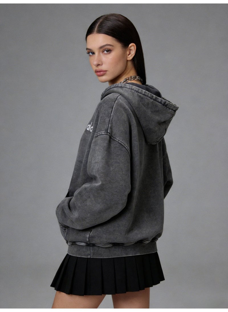 Alo Large Washed Grey Hoodie - Men's and Women's Soft Cotton Hoodie with Minimalist Logo and Kangaroo Pocket, Fashionable Vitality Top, Personalized Versatile Hoodie, Thickened Warmth Collection - Image 5