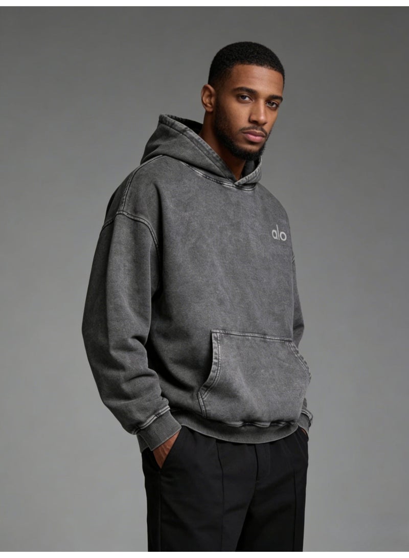 Alo Large Washed Grey Hoodie - Men's and Women's Soft Cotton Hoodie with Minimalist Logo and Kangaroo Pocket, Fashionable Vitality Top, Personalized Versatile Hoodie, Thickened Warmth Collection - Image 1