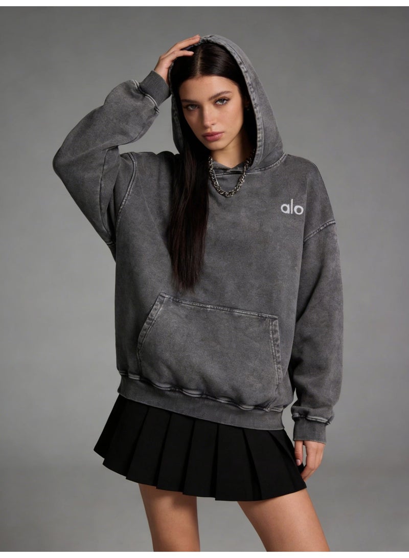 Alo Large Washed Grey Hoodie - Men's and Women's Soft Cotton Hoodie with Minimalist Logo and Kangaroo Pocket, Fashionable Vitality Top, Personalized Versatile Hoodie, Thickened Warmth Collection - Image 4