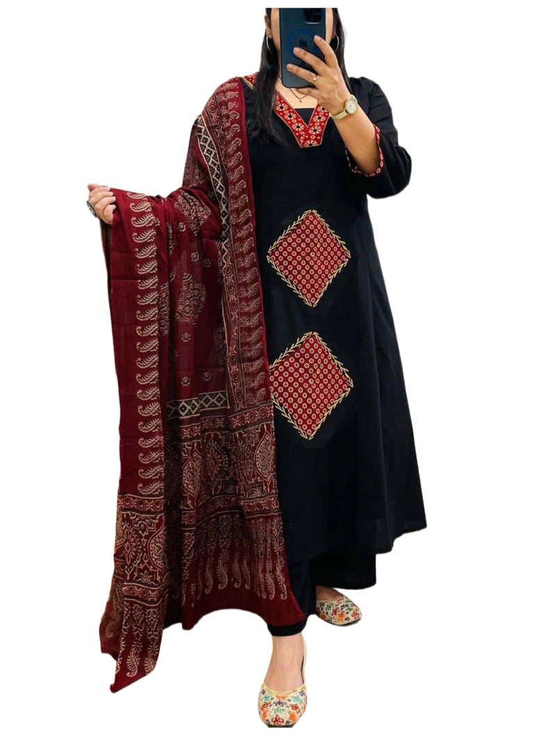 ANNI Designer Women's Rayon Viscose Anarkali Printed Kurta with Pant & Dupatta (JIYYA Black_M_Black_Medium) - Image 1
