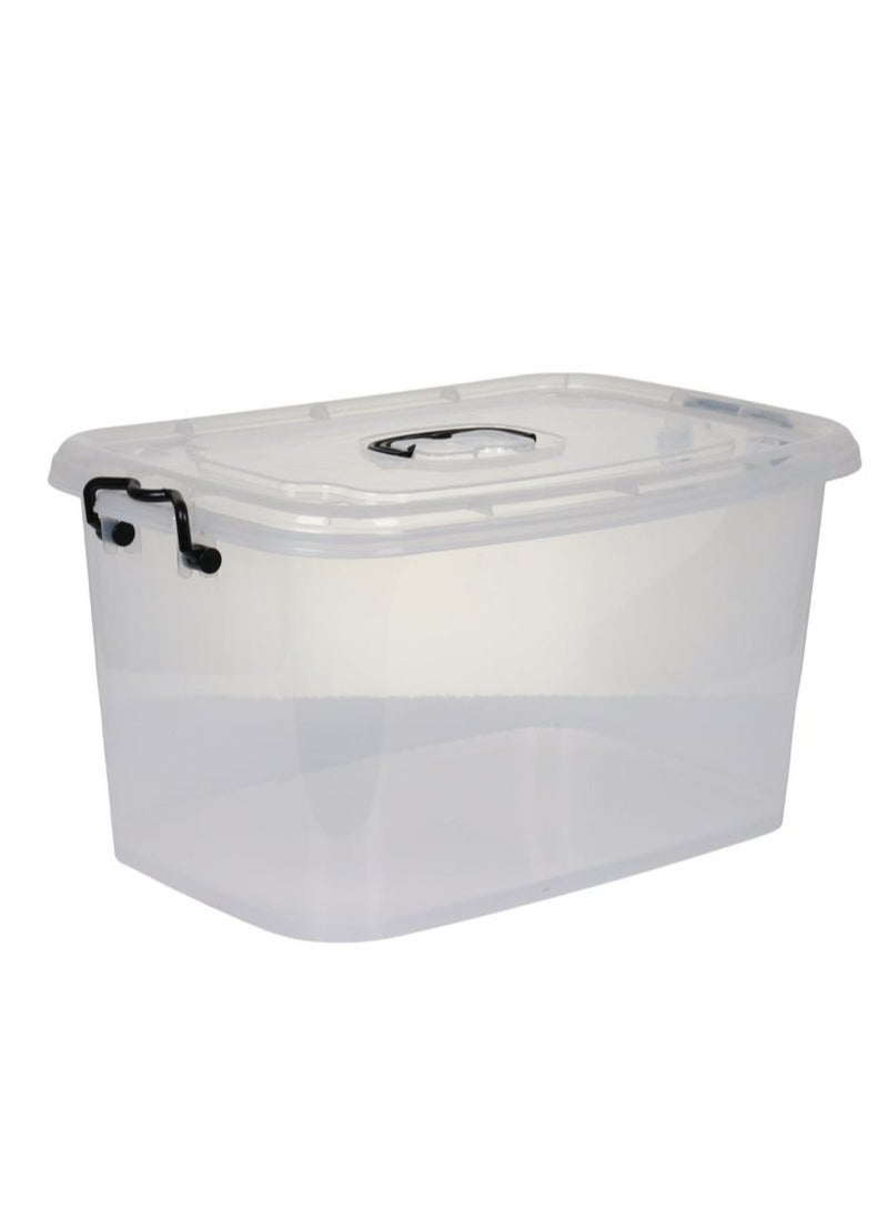A transparent plastic storage box with a lid, to organize your home and kitchen tools with the organizer box for toys, books and snacks 46*30*25