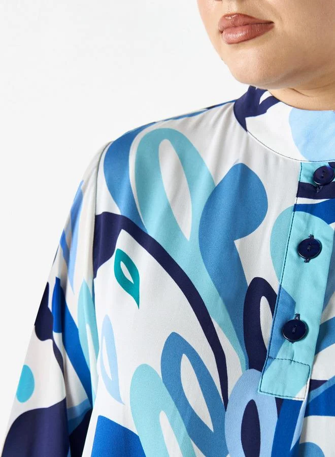 Ulla Popken Plus Size Ulla Popken All-Over Print High Low Top with Long Sleeves