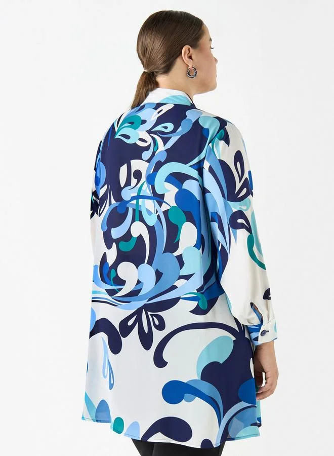 Ulla Popken Plus Size Ulla Popken All-Over Print High Low Top with Long Sleeves