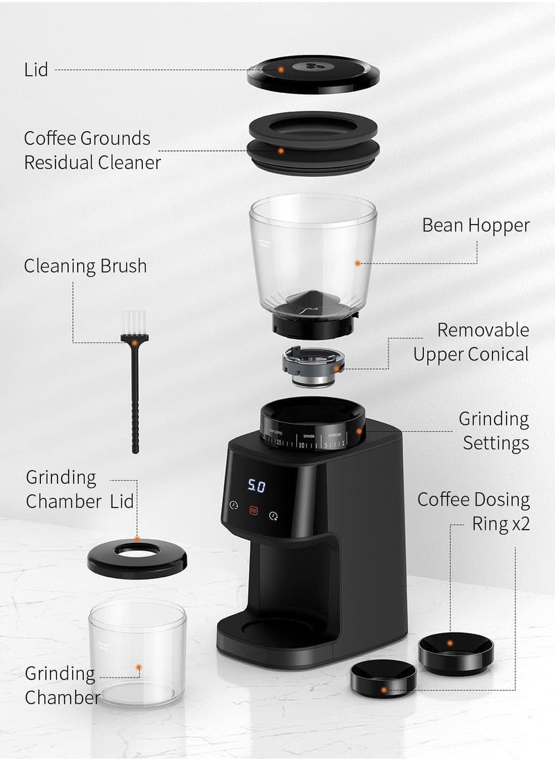 Dxmocos Conical Burr Coffee Grinder with Digital Timer Display, Electric Coffee Bean Grinder with 31 Precise Settings for Espresso/Drip/Pour Over/Cold Brew/French Press, Matte Black