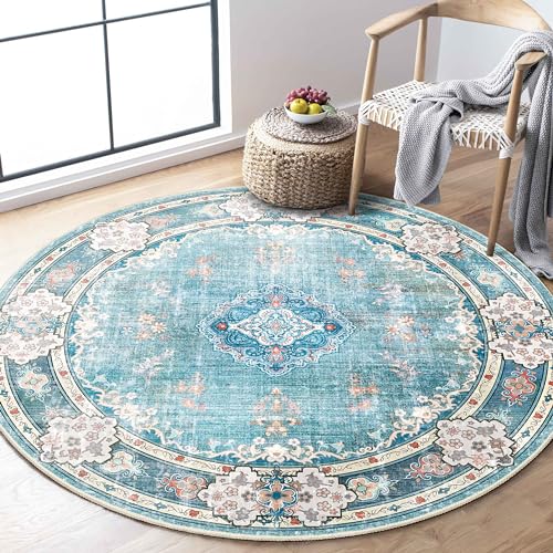 MUJOO Teal Round Rug 4ftCircle Washable Area Rugs for Bedroom Living Room BathroomBoho Small Non Slip Circular CarpetFloral