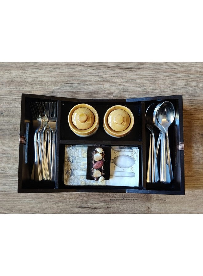 COCKTAIL Designer Wooden MDF Achaar Dining Organizer Multiuse Cutlery Holder Napkin Stand Tissue Slot Compact Rotating Spoon Fork Stand-Brown/Gold (Aachar Trey) - Image 5