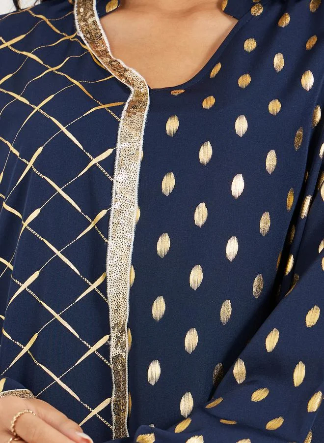 Styli Foil Printed Collared Jalabiya with Lace Trim