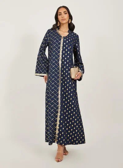 Styli Foil Printed Collared Jalabiya with Lace Trim