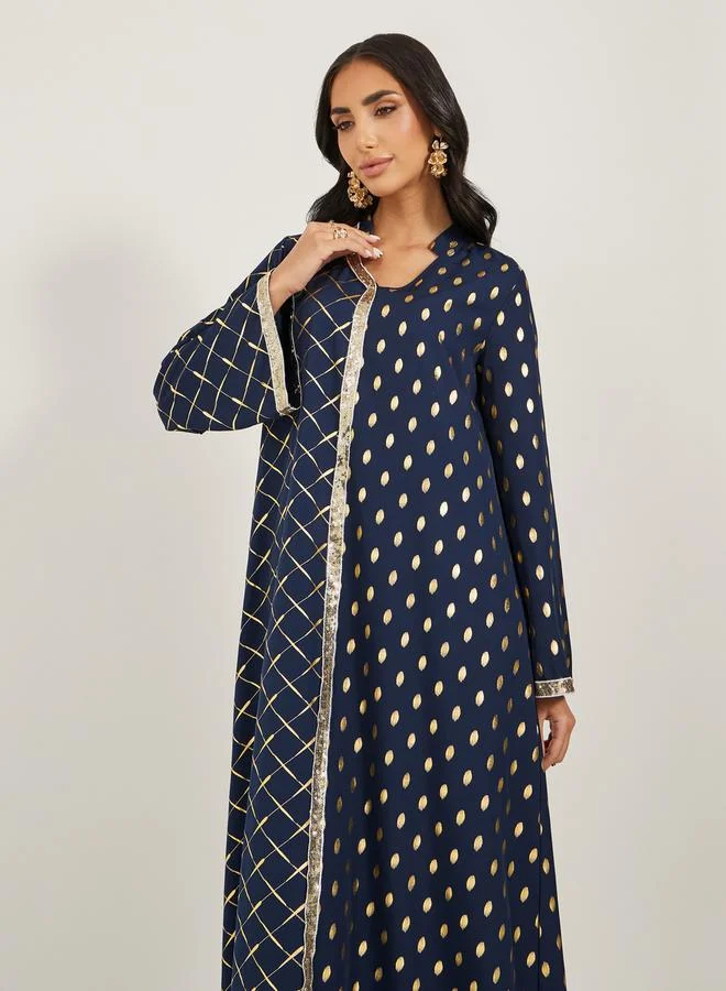 Styli Foil Printed Collared Jalabiya with Lace Trim