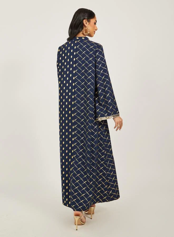 Styli Foil Printed Collared Jalabiya with Lace Trim