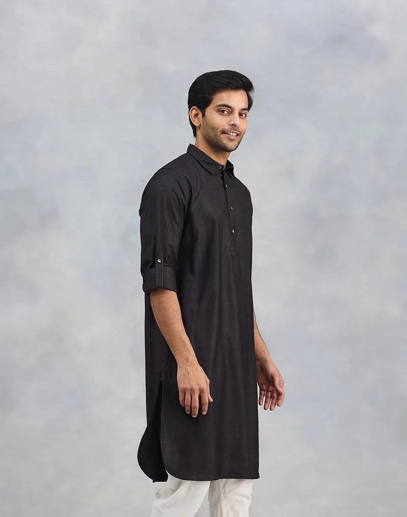 Fabindia  Black Viscose Silk Slim Fit Pathani for Men | Best Price UAE