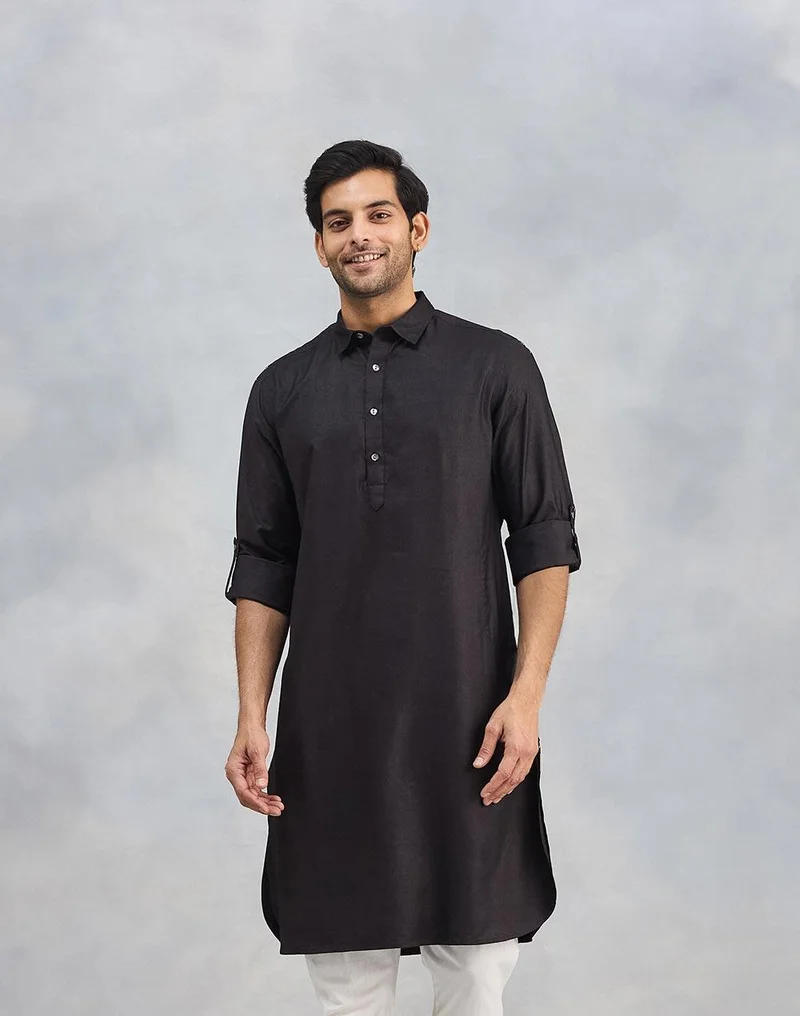 Fabindia Black Viscose Silk Slim Fit Pathani