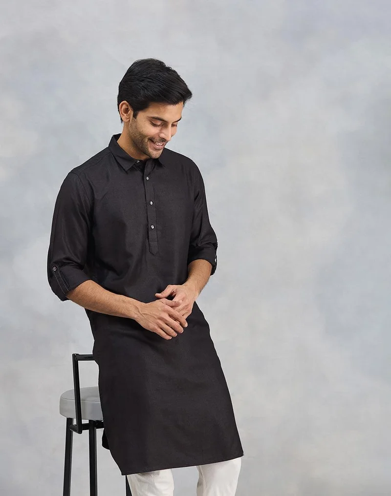 Fabindia  Black Viscose Silk Slim Fit Pathani for Men | Best Price UAE