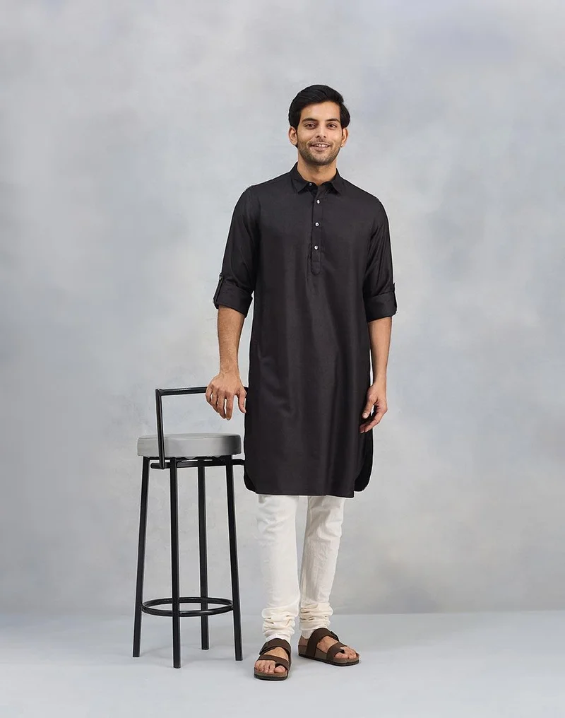 Fabindia Black Viscose Silk Slim Fit Pathani