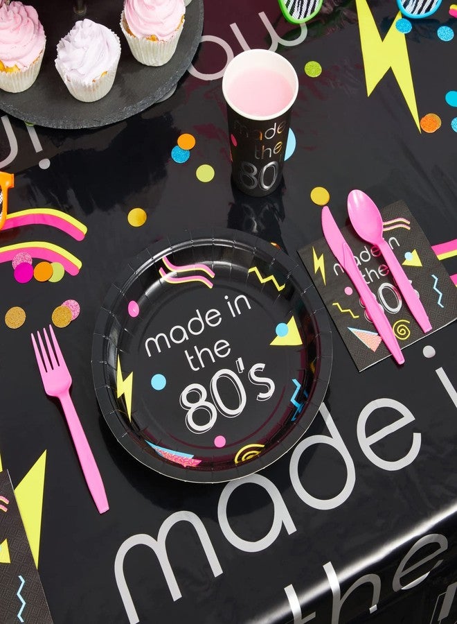 Sparkle and Bash مجموعة زينة حفلات عيد ميلاد مستوحاة من الثمانينيات - 146 قطعة تكفي 24 شخصًا، غطاء طاولة أسود (54 × 108 بوصة) - أدوات مائدة للاستخدام مرة واحدة بتصميم هندسي نيون مستوحى من الثمانينيات، ولافتة عيد ميلاد سعيد. - Image 3