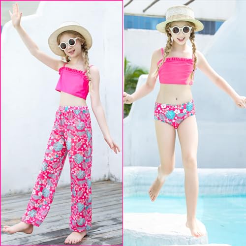 Vogseek Girls Swimsuits Size 12 14 Teens Summer 3pcs Bikini Bathing Suits 13 14 Year Old Junior Cute Red Hawaiian Tankini Swim Suits with Mesh Cover ups Long Pant Teen Quick Dry Swimming Wear for Holiday - Image 2